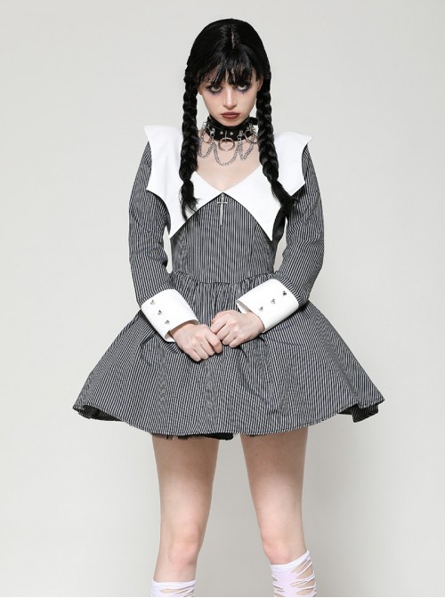 Black White Contrast Stripes Elegant Bat Collar Metal Cross Decoration Gothic Style Long Sleeve Dress