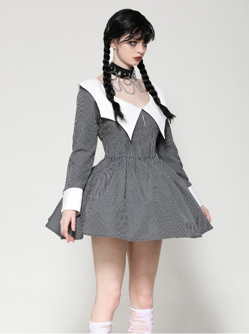 Black White Contrast Stripes Elegant Bat Collar Metal Cross Decoration Gothic Style Long Sleeve Dress