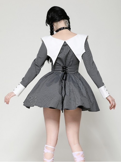 Black White Contrast Stripes Elegant Bat Collar Metal Cross Decoration Gothic Style Long Sleeve Dress
