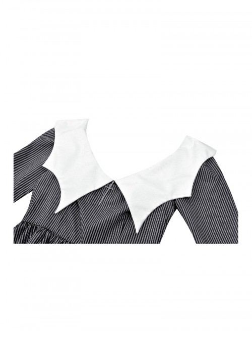 Black White Contrast Stripes Elegant Bat Collar Metal Cross Decoration Gothic Style Long Sleeve Dress