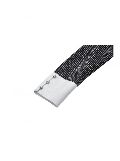 Black White Contrast Stripes Elegant Bat Collar Metal Cross Decoration Gothic Style Long Sleeve Dress