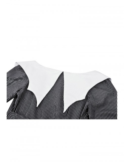 Black White Contrast Stripes Elegant Bat Collar Metal Cross Decoration Gothic Style Long Sleeve Dress