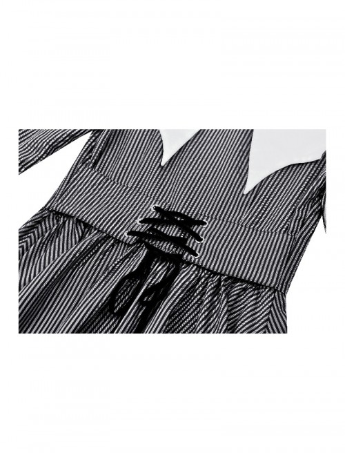 Black White Contrast Stripes Elegant Bat Collar Metal Cross Decoration Gothic Style Long Sleeve Dress