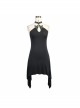 Low Neckline Choker Skull Ornament Backless Side Long Hem Black Punk Halter Dress