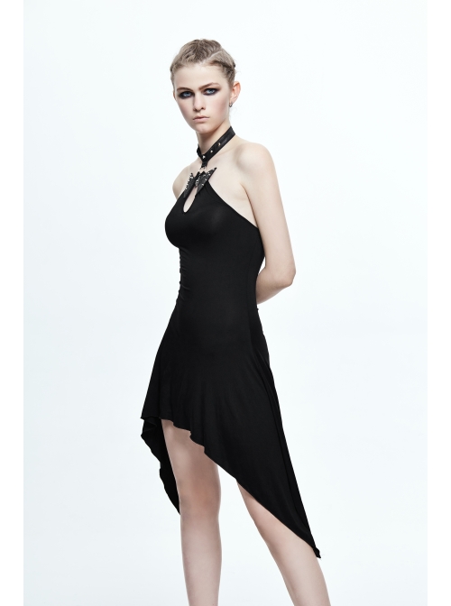 Low Neckline Choker Skull Ornament Backless Side Long Hem Black Punk Halter  Dress - Magic Wardrobes