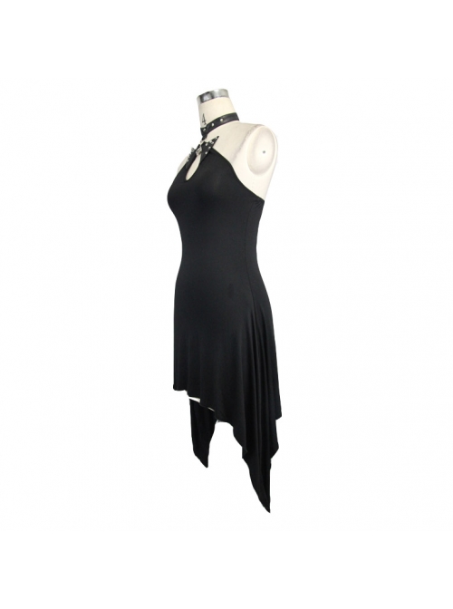 Low Neckline Choker Skull Ornament Backless Side Long Hem Black Punk Halter Dress