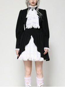 Black White Contrast Retro Lace Bow Tie Decoration Gothic Style Puff Sleeves Dress