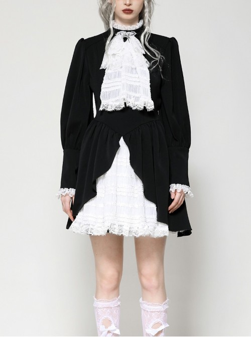 Black White Contrast Retro Lace Bow Tie Decoration Gothic Style Puff Sleeves Dress