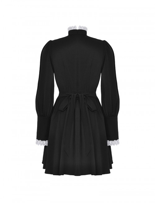 Black White Contrast Retro Lace Bow Tie Decoration Gothic Style Puff Sleeves Dress