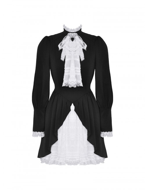 Black White Contrast Retro Lace Bow Tie Decoration Gothic Style Puff Sleeves Dress