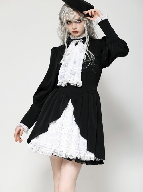 Black White Contrast Retro Lace Bow Tie Decoration Gothic Style Puff Sleeves Dress