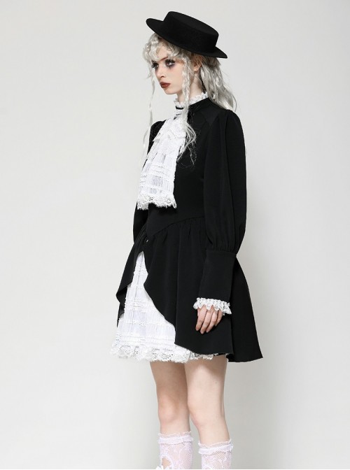 Black White Contrast Retro Lace Bow Tie Decoration Gothic Style Puff Sleeves Dress