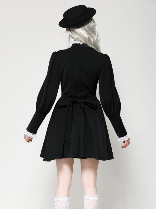 Black White Contrast Retro Lace Bow Tie Decoration Gothic Style Puff Sleeves Dress