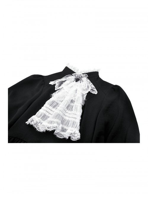 Black White Contrast Retro Lace Bow Tie Decoration Gothic Style Puff Sleeves Dress