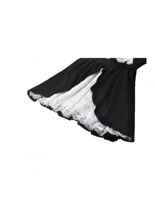 Black White Contrast Retro Lace Bow Tie Decoration Gothic Style Puff Sleeves Dress
