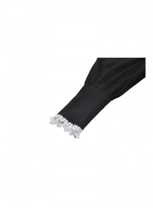 Black White Contrast Retro Lace Bow Tie Decoration Gothic Style Puff Sleeves Dress
