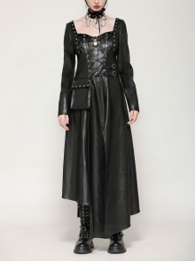 Black Cool Leather Splicing Cross Straps Design Steampunk Style Long Sleeves Dress