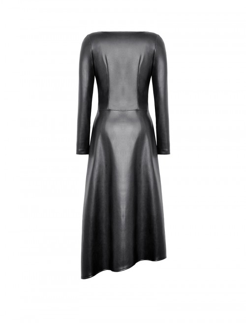 Black Cool Leather Splicing Cross Straps Design Steampunk Style Long Sleeves Dress