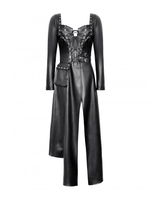 Black Cool Leather Splicing Cross Straps Design Steampunk Style Long Sleeves Dress