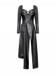 Black Cool Leather Splicing Cross Straps Design Steampunk Style Long Sleeves Dress