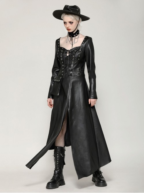 Black Cool Leather Splicing Cross Straps Design Steampunk Style Long Sleeves Dress