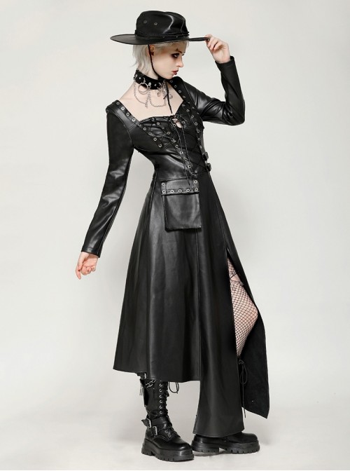 Black Cool Leather Splicing Cross Straps Design Steampunk Style Long Sleeves Dress