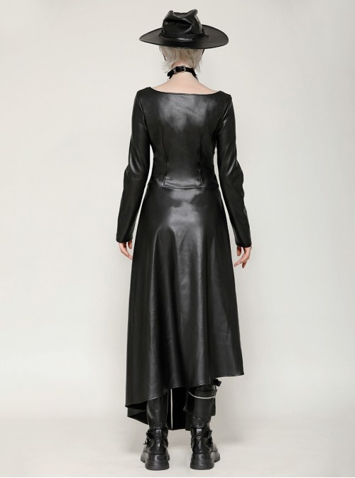 Black Cool Leather Splicing Cross Straps Design Steampunk Style Long Sleeves Dress