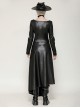 Black Cool Leather Splicing Cross Straps Design Steampunk Style Long Sleeves Dress
