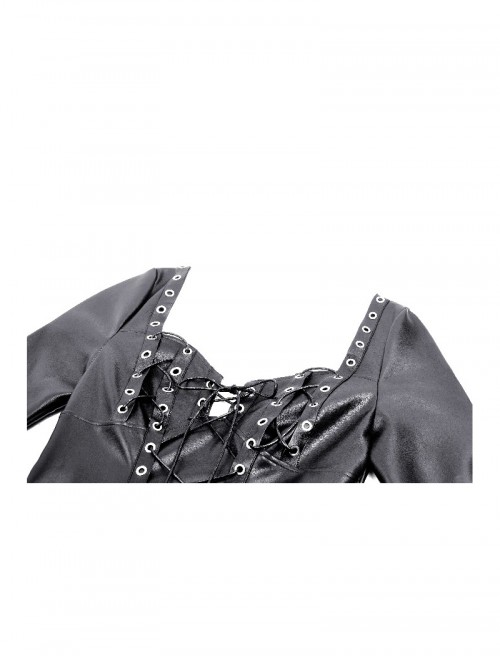Black Cool Leather Splicing Cross Straps Design Steampunk Style Long Sleeves Dress
