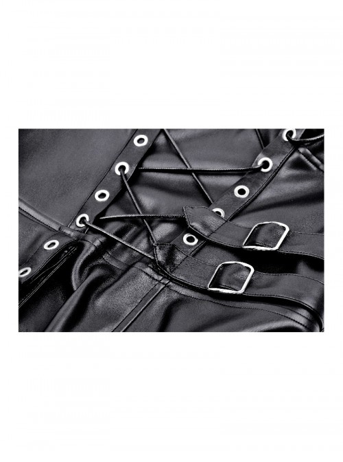 Black Cool Leather Splicing Cross Straps Design Steampunk Style Long Sleeves Dress