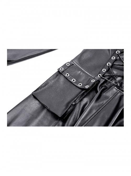 Black Cool Leather Splicing Cross Straps Design Steampunk Style Long Sleeves Dress