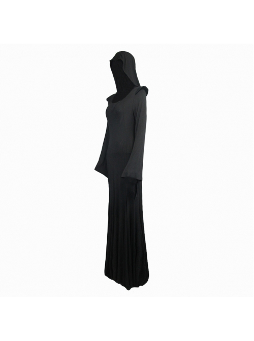 Middle Collar Triangular Lace Hooded Fishtail Hem Slit Black Gothic Knitted Dress