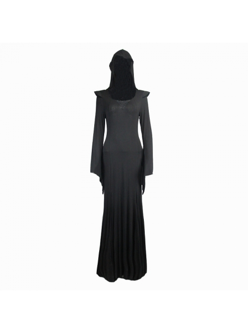 Middle Collar Triangular Lace Hooded Fishtail Hem Slit Black Gothic Knitted Dress
