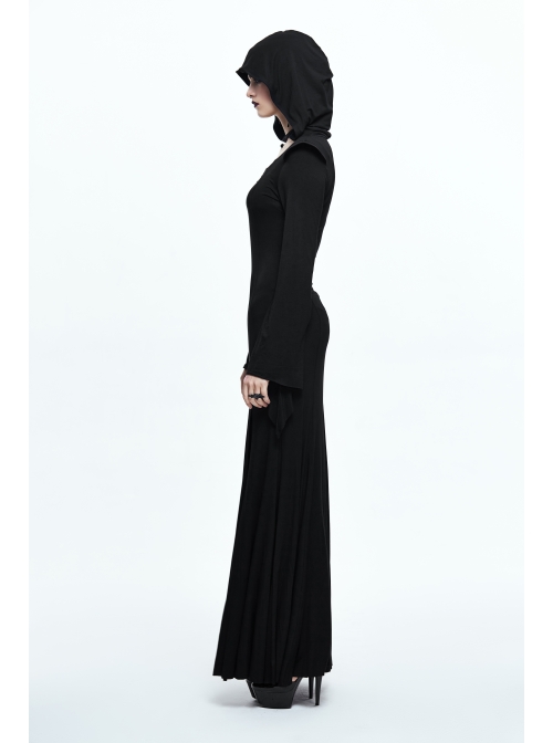 Middle Collar Triangular Lace Hooded Fishtail Hem Slit Black Gothic Knitted Dress