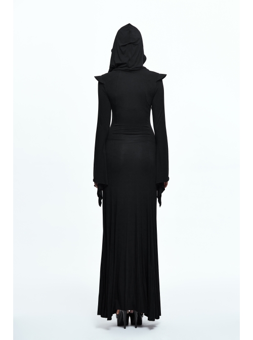 Middle Collar Triangular Lace Hooded Fishtail Hem Slit Black Gothic Knitted Dress