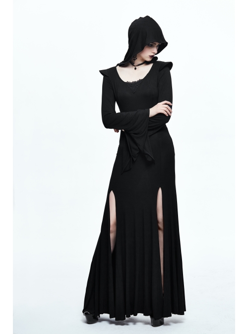 Middle Collar Triangular Lace Hooded Fishtail Hem Slit Black Gothic Knitted Dress