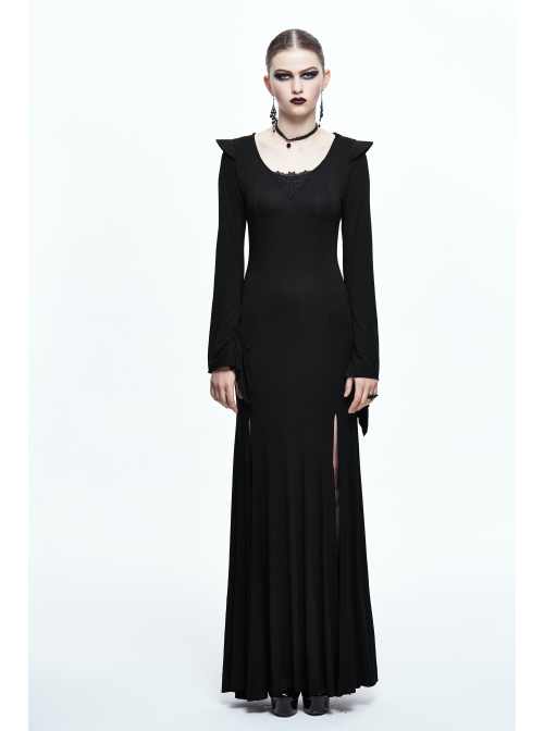 Middle Collar Triangular Lace Hooded Fishtail Hem Slit Black Gothic Knitted Dress