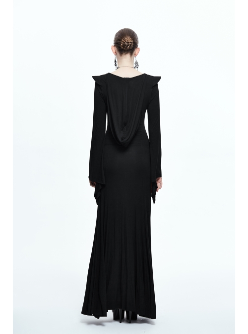 Middle Collar Triangular Lace Hooded Fishtail Hem Slit Black Gothic Knitted Dress