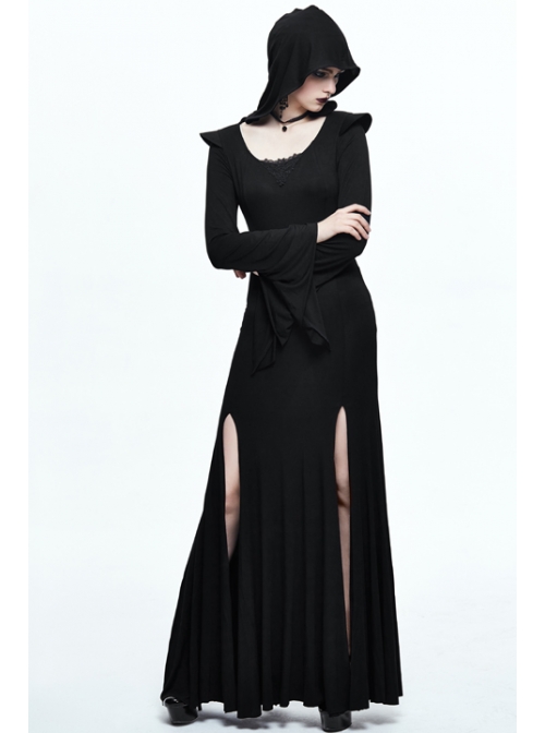 Middle Collar Triangular Lace Hooded Fishtail Hem Slit Black Gothic Knitted Dress