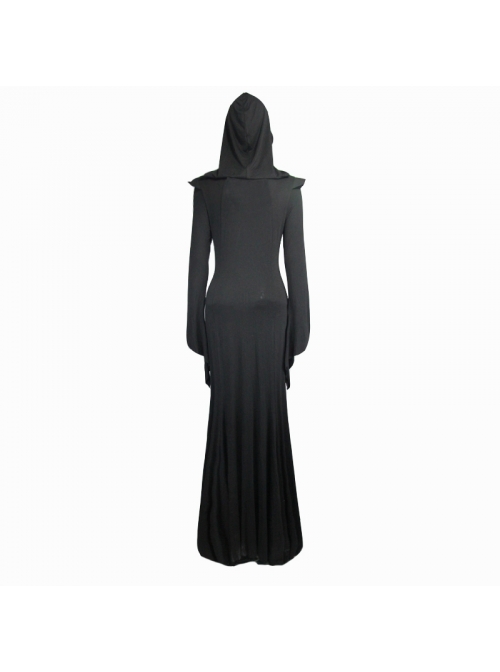 Middle Collar Triangular Lace Hooded Fishtail Hem Slit Black Gothic Knitted Dress