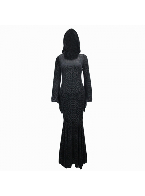 Hooded Knitted Flared Sleeves Fishtail Black Gothic Maxi Dress