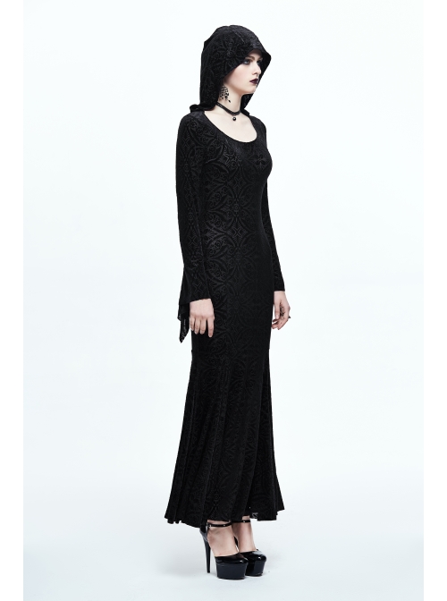 Hooded Knitted Flared Sleeves Fishtail Black Gothic Maxi Dress