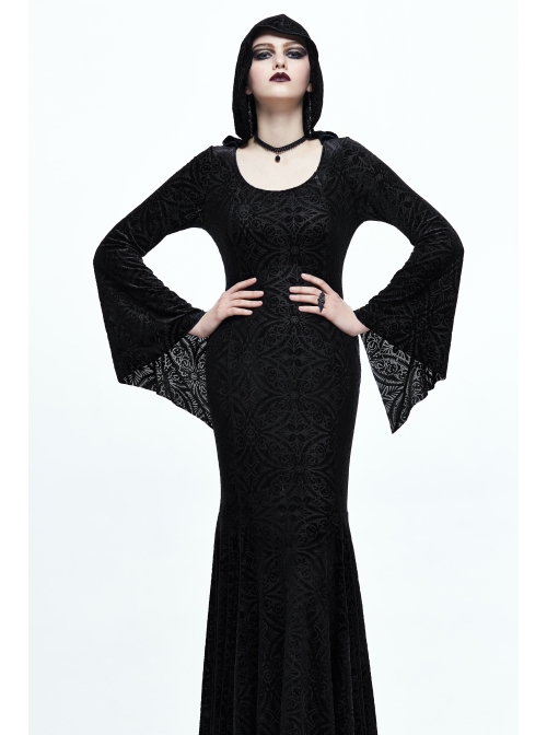 Hooded Knitted Flared Sleeves Fishtail Black Gothic Maxi Dress