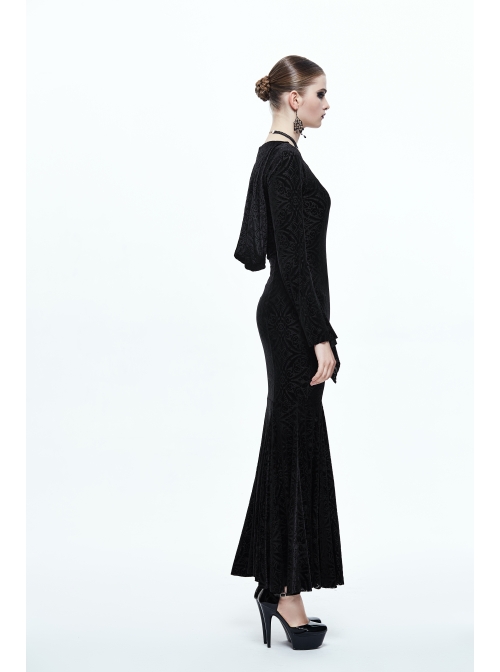 Hooded Knitted Flared Sleeves Fishtail Black Gothic Maxi Dress