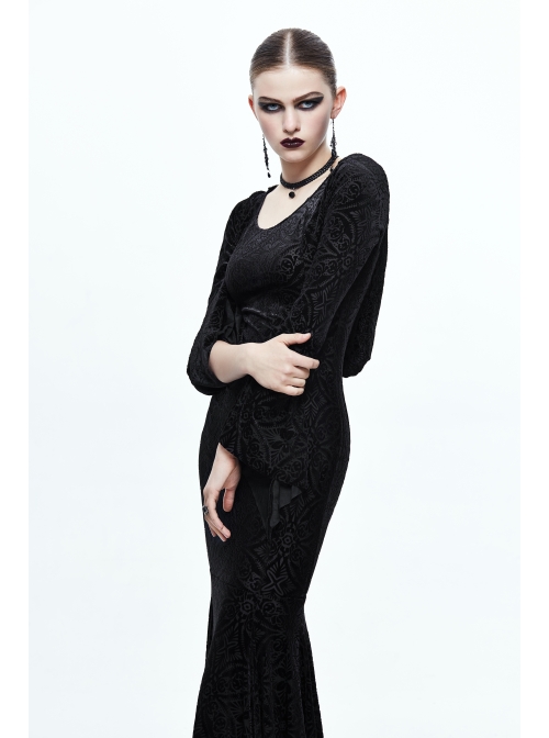 Hooded Knitted Flared Sleeves Fishtail Black Gothic Maxi Dress