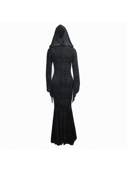 Hooded Knitted Flared Sleeves Fishtail Black Gothic Maxi Dress