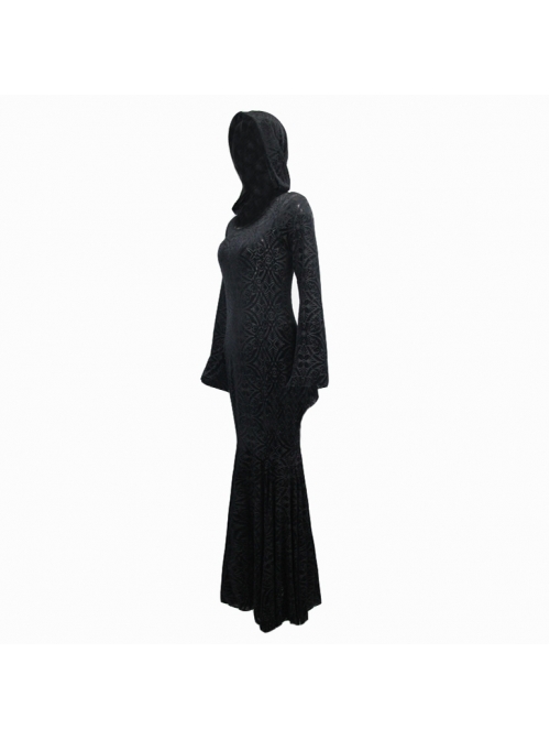 Hooded Knitted Flared Sleeves Fishtail Black Gothic Maxi Dress