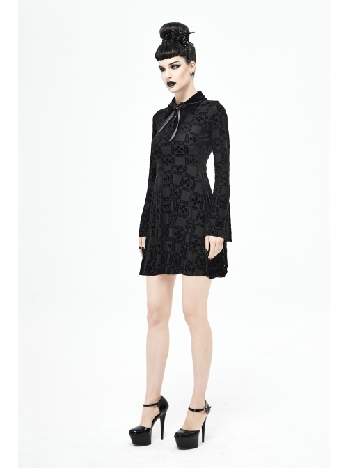 Cross Pattern Ribbons Knot Collar Long Sleeve Black Gothic Knitted Dress