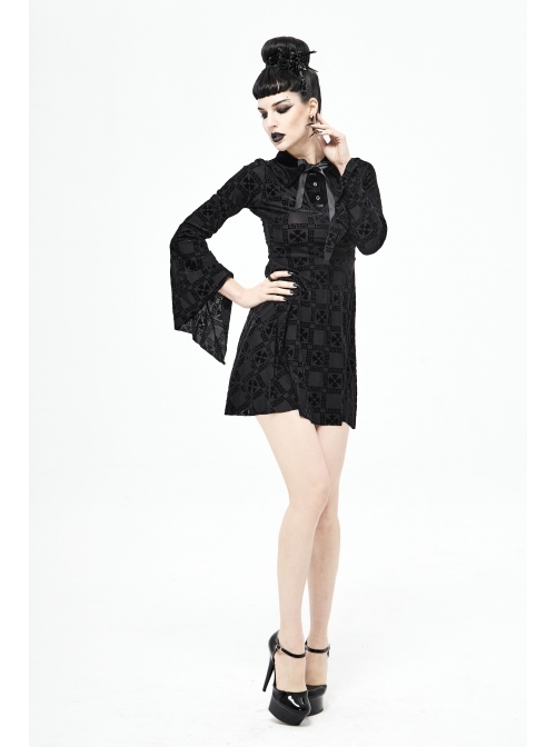 Cross Pattern Ribbons Knot Collar Long Sleeve Black Gothic Knitted Dress