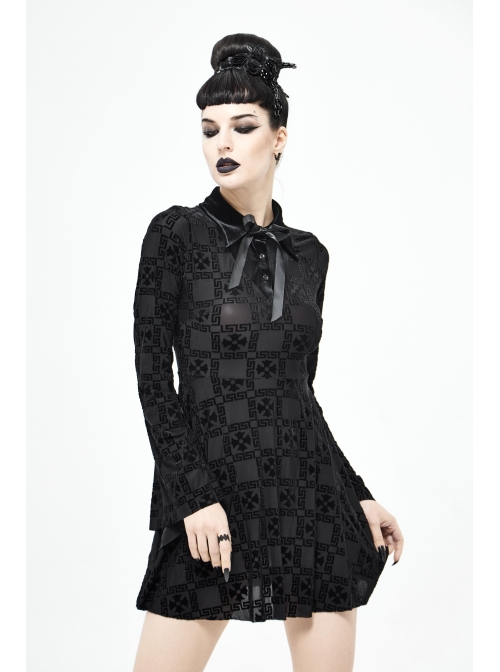 Cross Pattern Ribbons Knot Collar Long Sleeve Black Gothic Knitted Dress